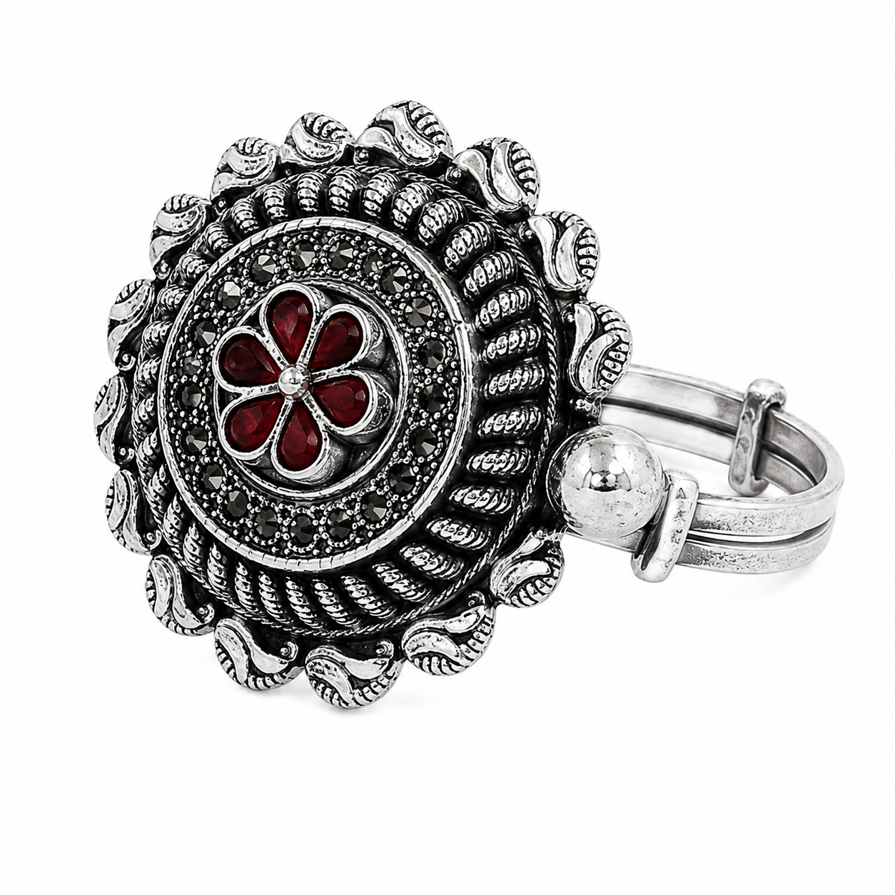 925 Silver Floral Oxidised Adjustable Statement Ring