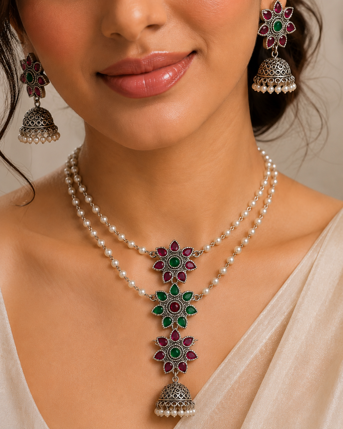925 Silver Floral Pearl Jhumki Necklace Set