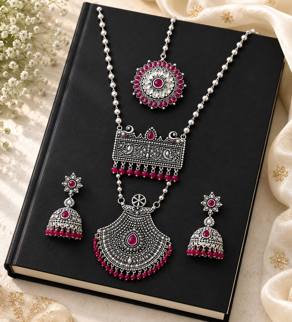 Sterling Silver Pink Necklace Set