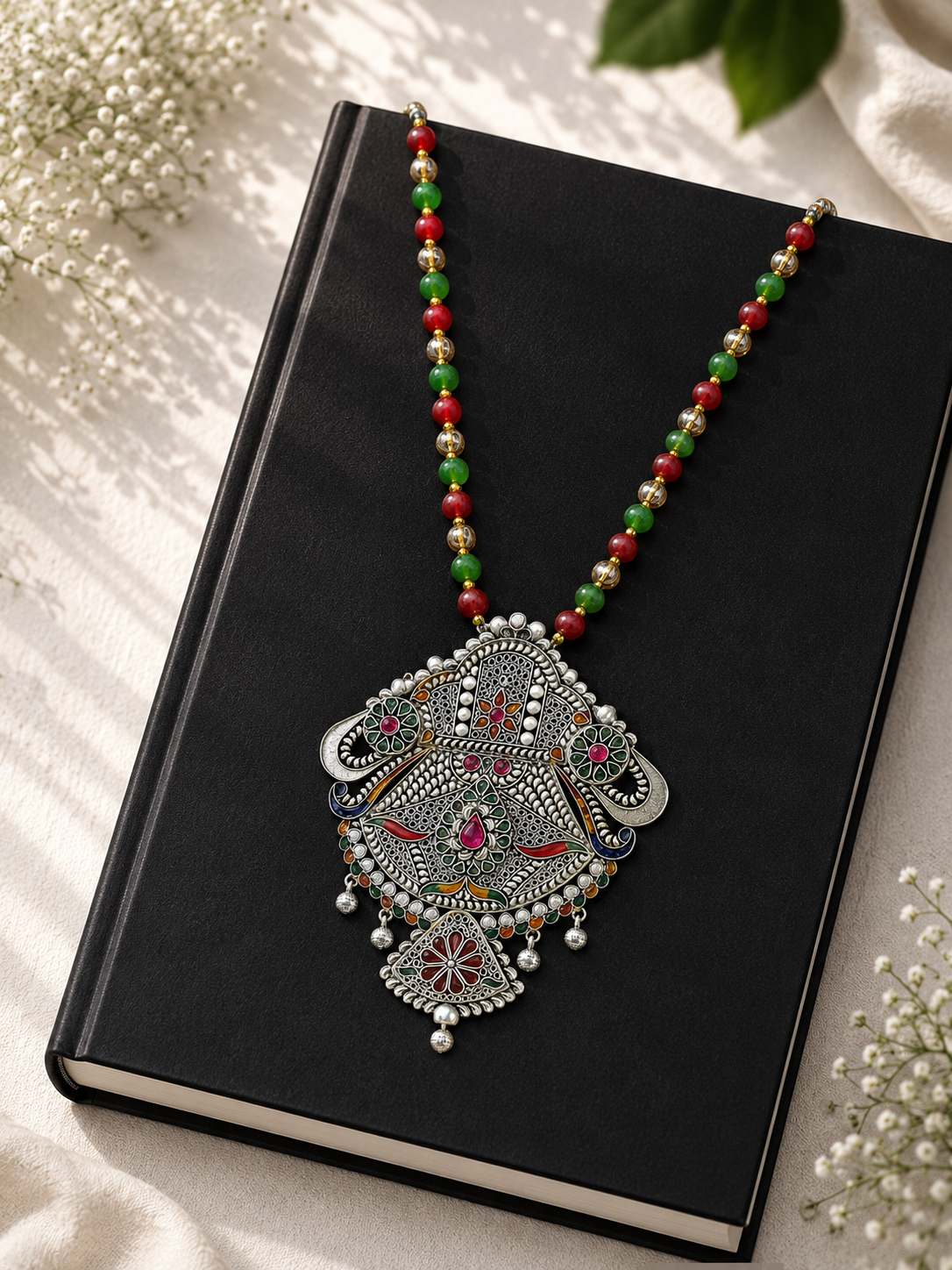 925 Sterling Silver Oxidised Meenakari Statement Necklace