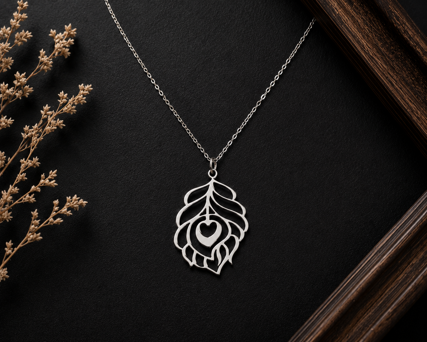 Customised 925 Sterling Silver Leaf Heart Pendant Necklace