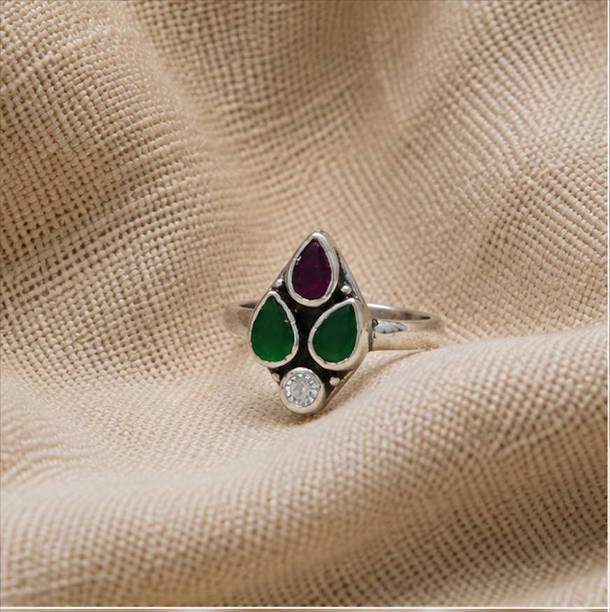 Antique Silver Triple Stone Green & Purple Toe Ring