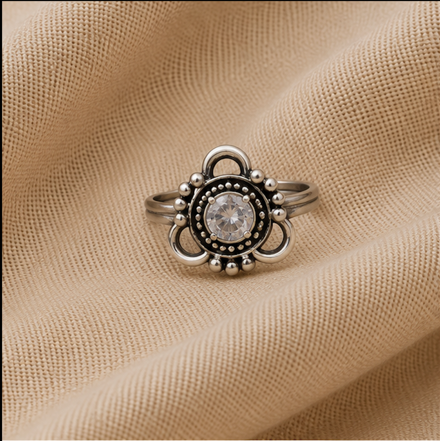 Antique Silver Clear Stone Floral Toe Ring