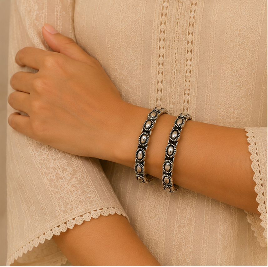 Antique Oxidized Silver Oval Motif Bangles