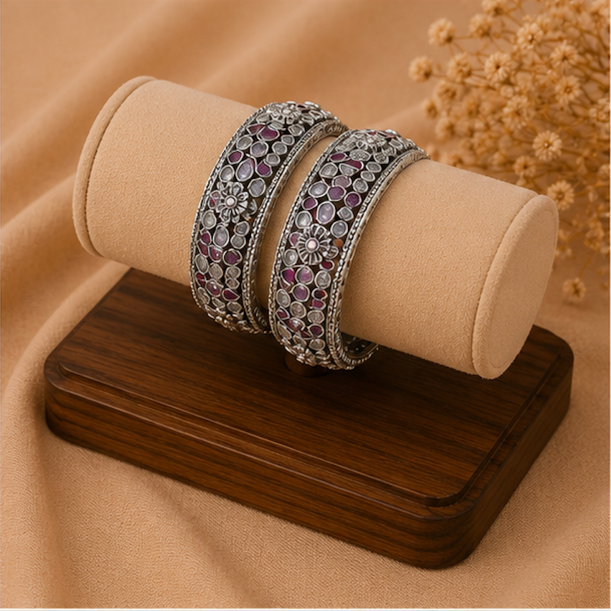 Royal Amethyst Kundan Oxidized Silver Bangles