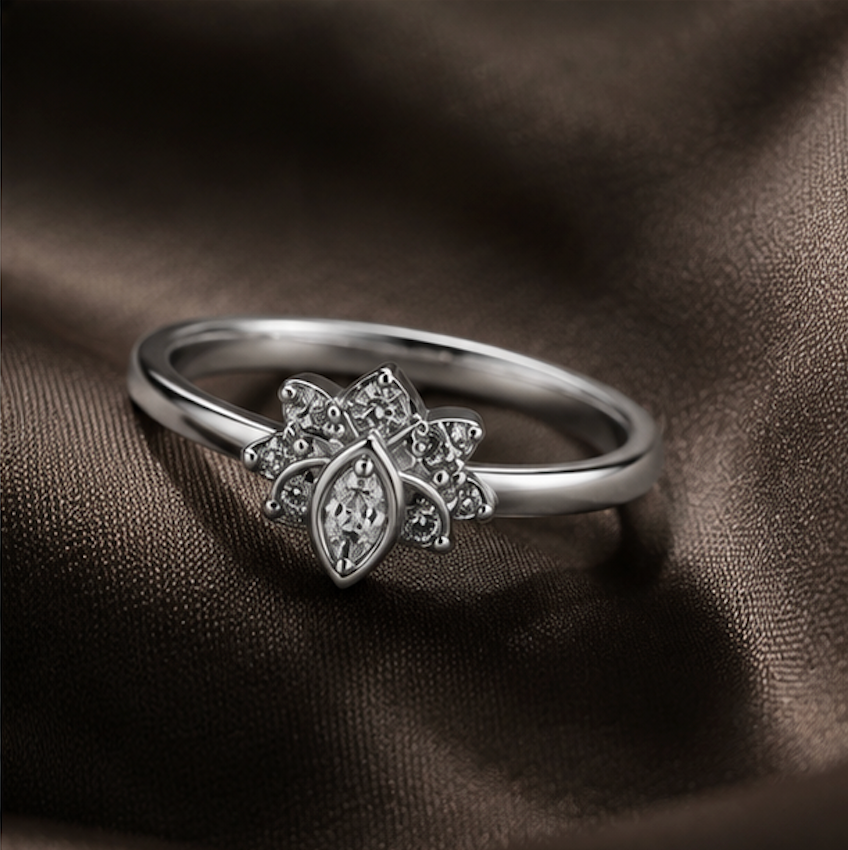 925 Sterling Silver Floral Rhodium Plated Ring
