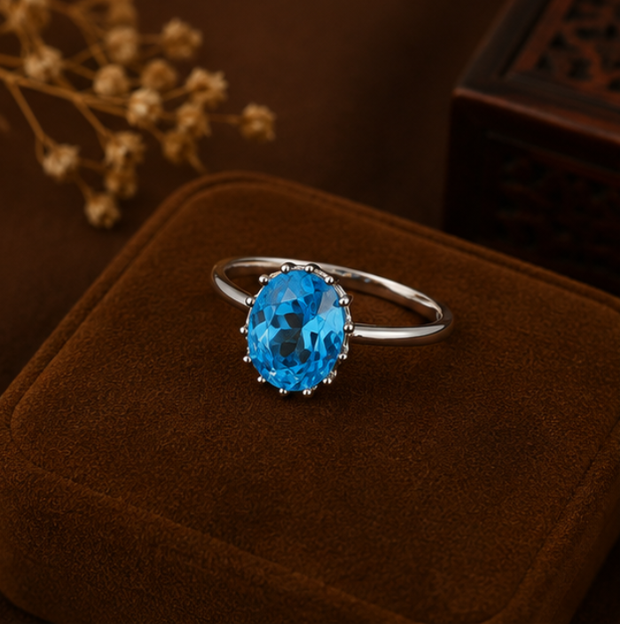 Ocean Blue Oval Solitaire Ring