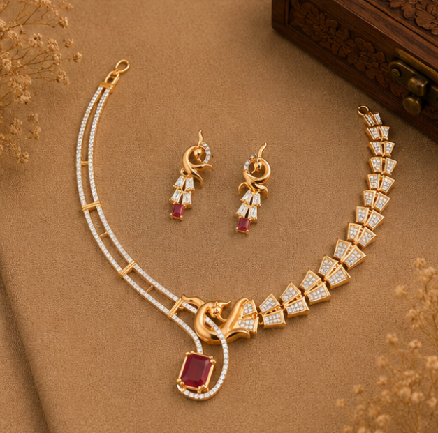 Royal Ruby Geometric Statement Necklace Set