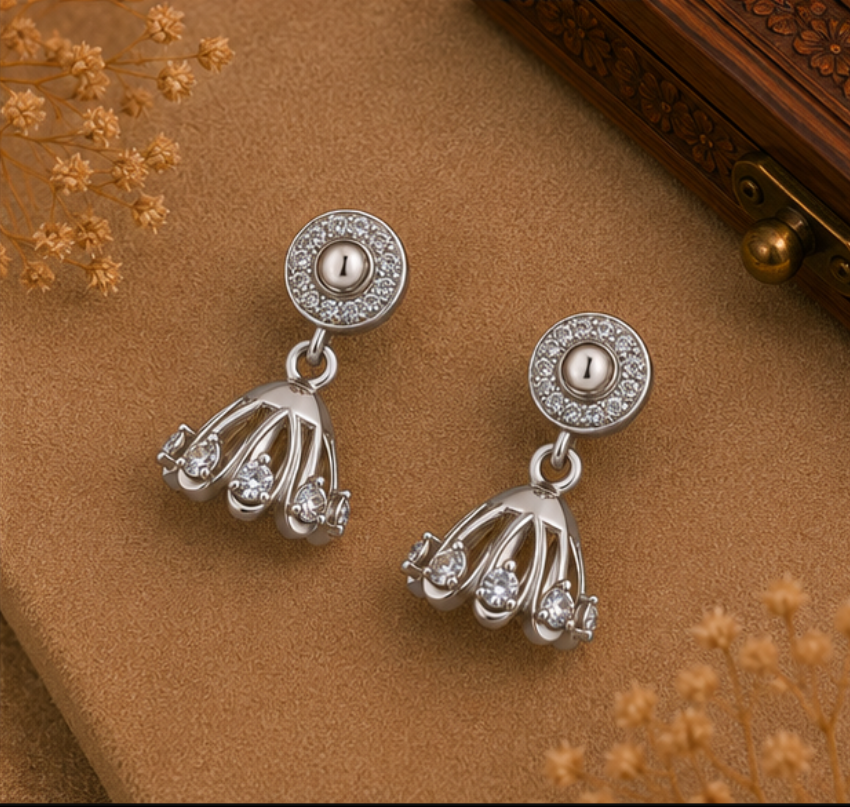 Elegant Silver Crystal Dome Jhumka Drop Earrings