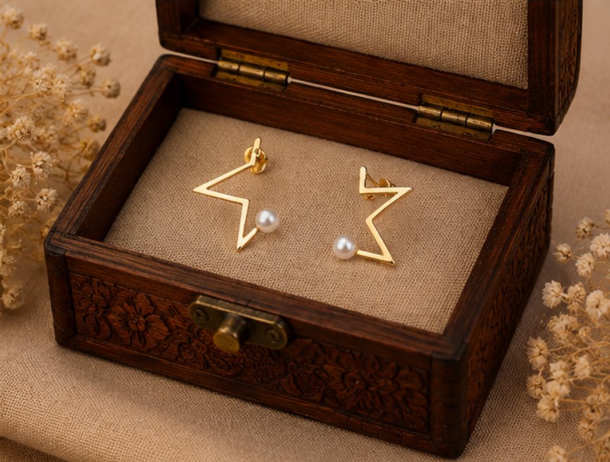 Golden Geometric Pearl Star Earrings