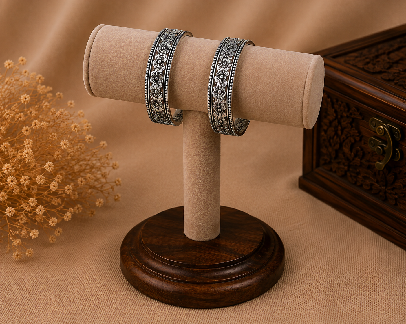 Vintage Floral Oxidised Silver Bangles