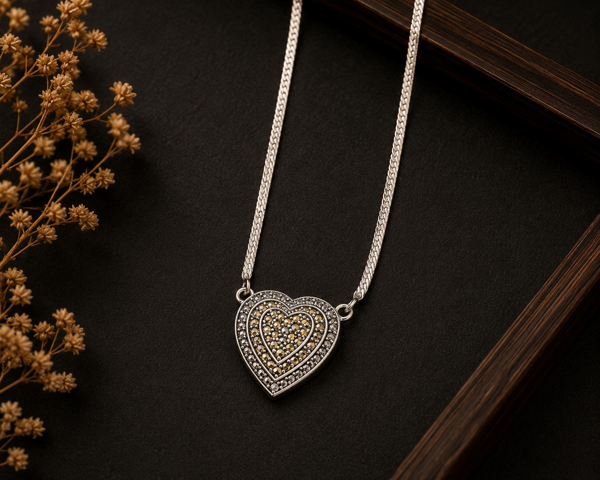 Lightweight Marcasite Heart Silver Pendant