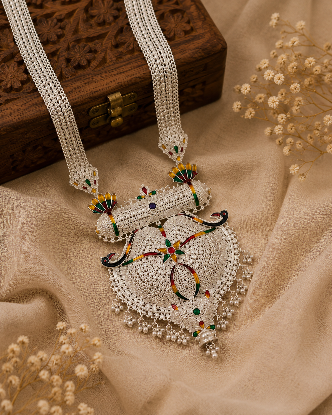 Traditional Silver Look Meenakari Filigree Statement Necklace