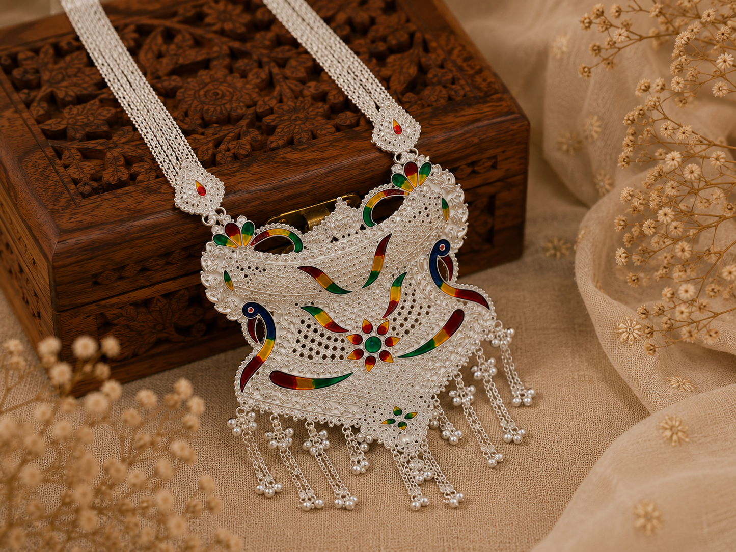 Traditional Silver Look Peacock Meenakari Filigree Necklace