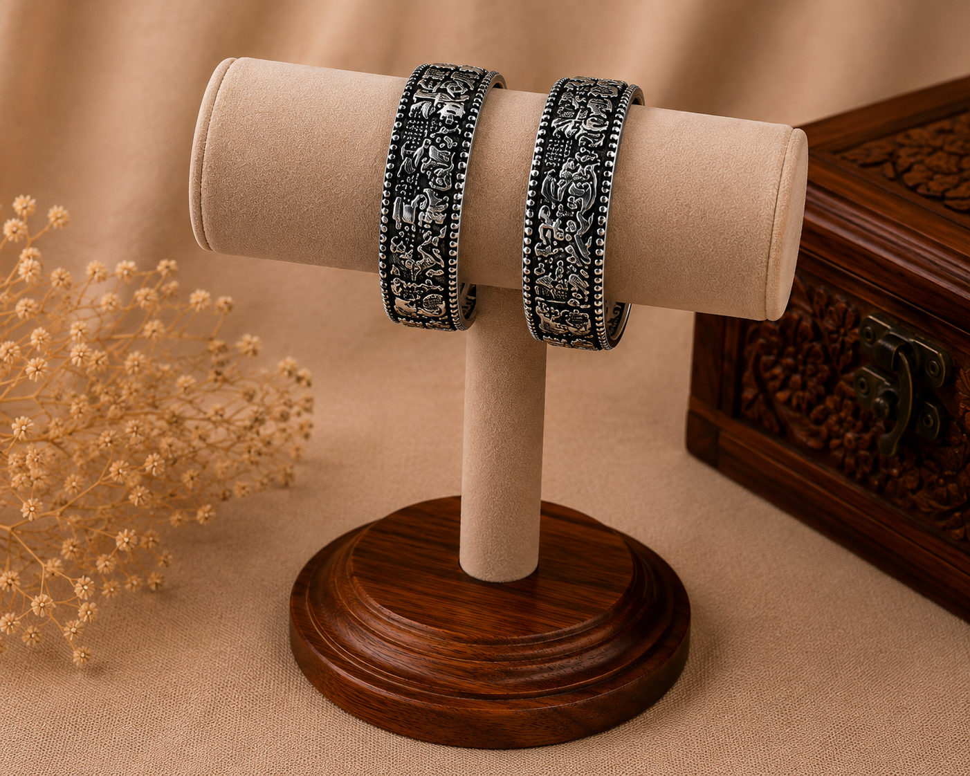 Royal Elephant Oxidised Silver Cuff Bangle