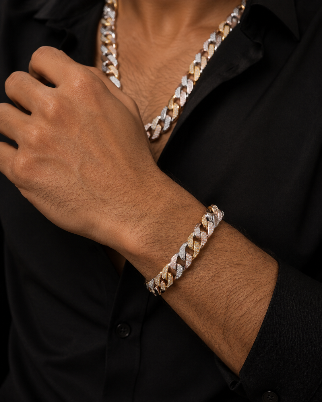 Men's Tri-Tone Cuban Link Chain & Bracelet Combo