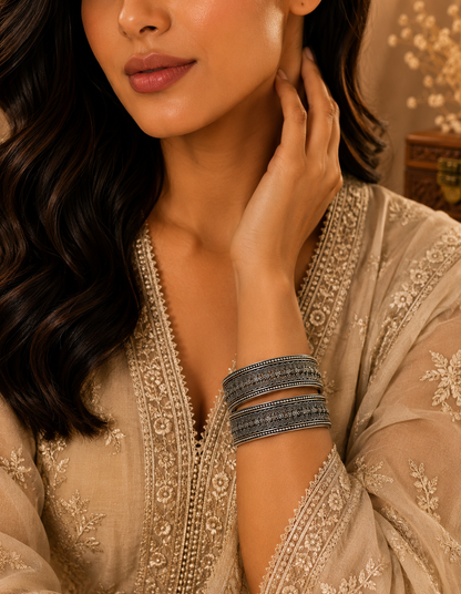 Oxidised Silver Geometric Heritage Bangles