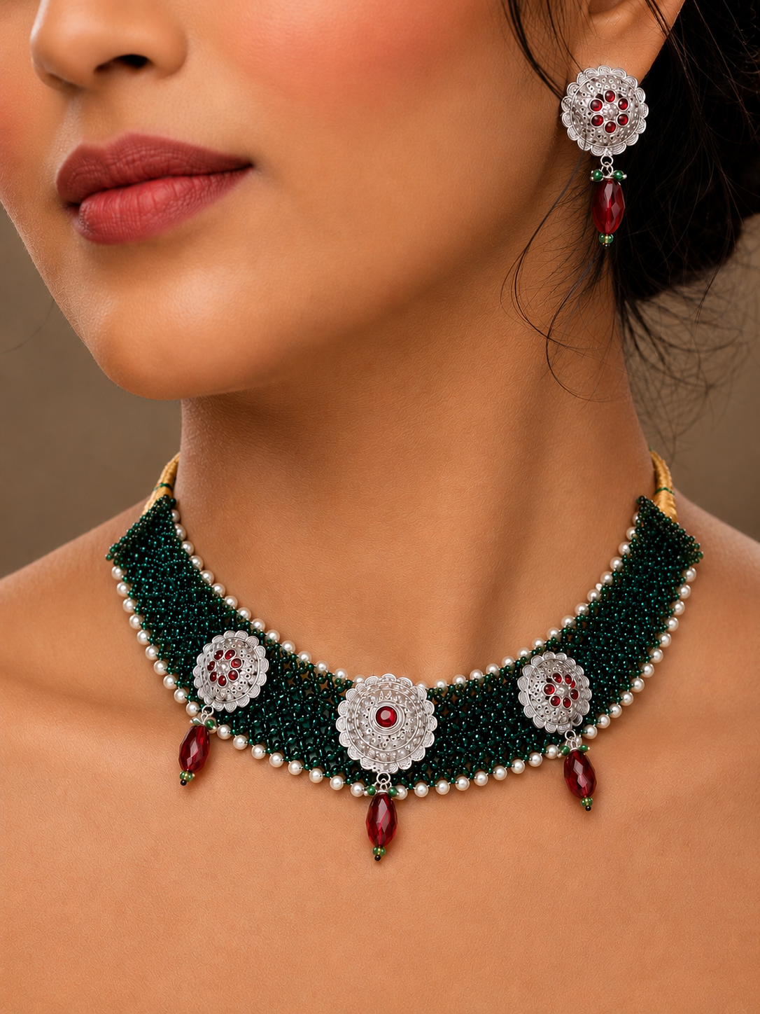 Emerald Green 925 Silver Galapti Choker Set