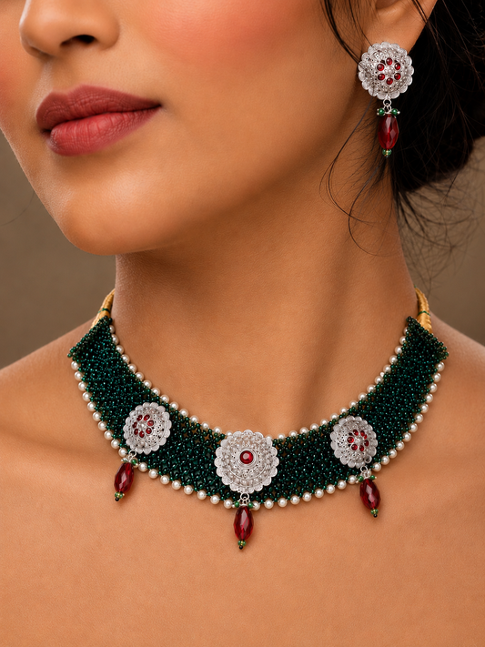 Emerald Green 925 Silver Galapti Choker Set