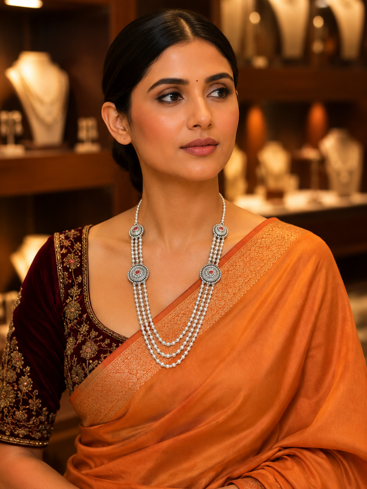 925 Silver Triple Strand Pearl Matar Mala