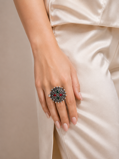 925 Silver Navratna Oxidised Statement Ring