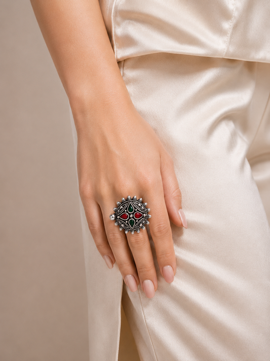 925 Silver Navratna Oxidised Statement Ring