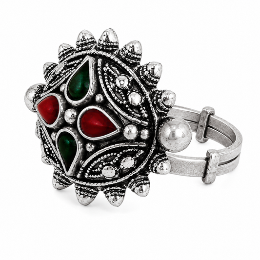 925 Silver Navratna Oxidised Statement Ring