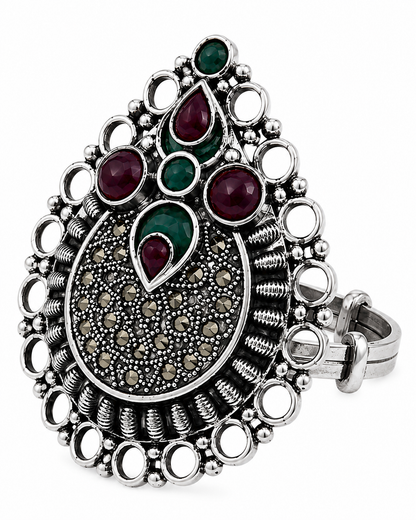 925 Silver Emerald & Ruby Statement Ring