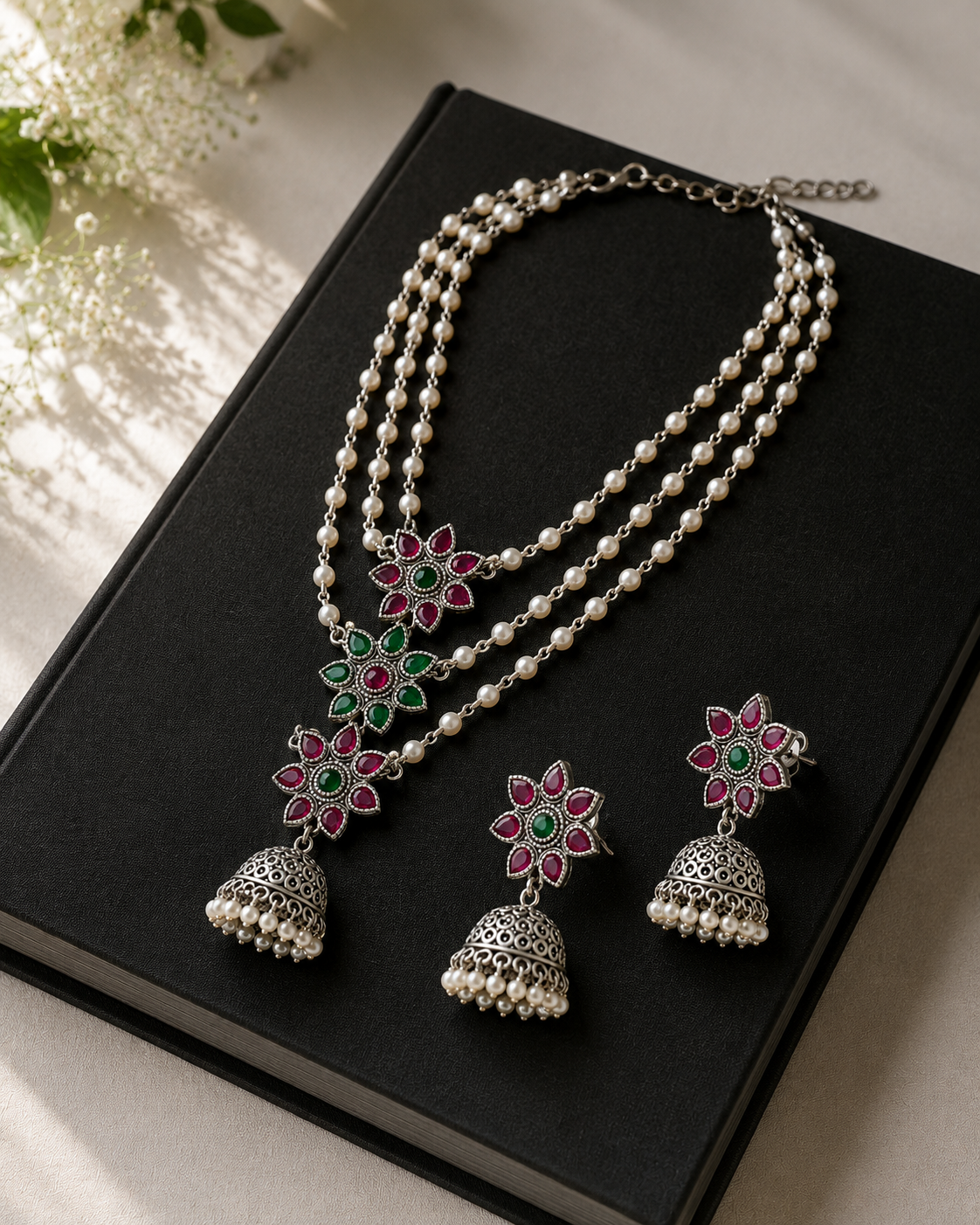 925 Silver Floral Pearl Jhumki Necklace Set