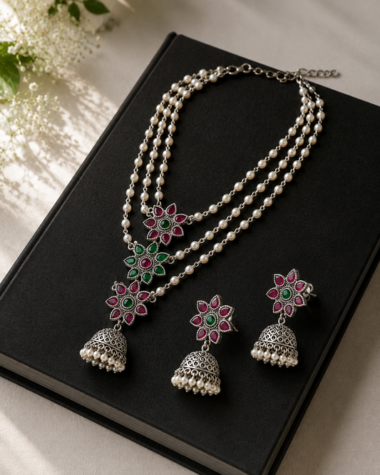 925 Silver Floral Pearl Jhumki Necklace Set