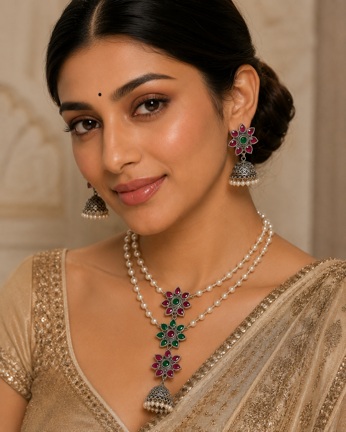 925 Silver Floral Pearl Jhumki Necklace Set