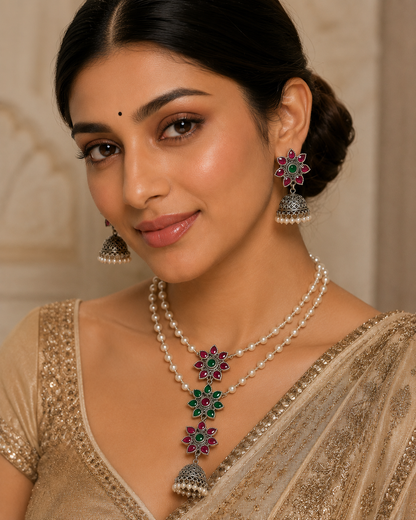925 Silver Floral Pearl Jhumki Necklace Set
