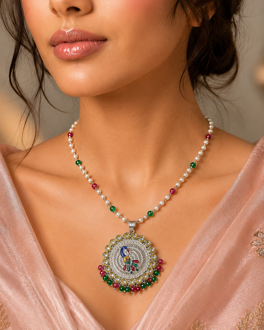 925 Silver Meenakari Peacock Pendant with Pearl Bead Chain