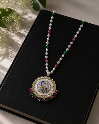925 Silver Meenakari Peacock Pendant with Pearl Bead Chain