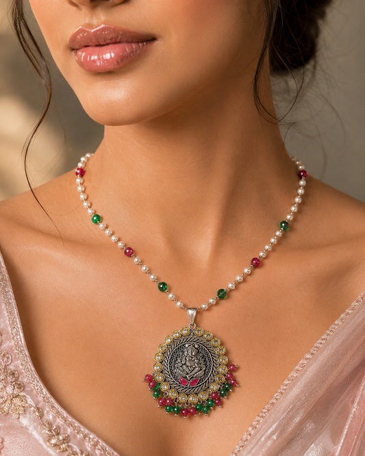 925 Silver Lord Ganesha Pendant with Pearl Bead Chain