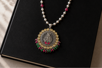 925 Silver Lord Ganesha Pendant with Pearl Bead Chain