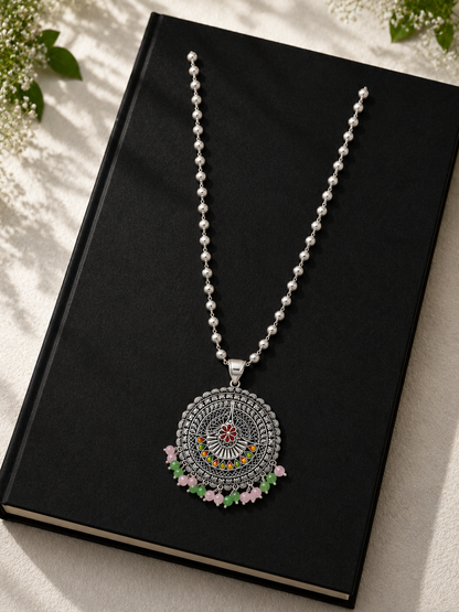 925 Silver Meenakari Floral Pendant with Silver Bead Chain