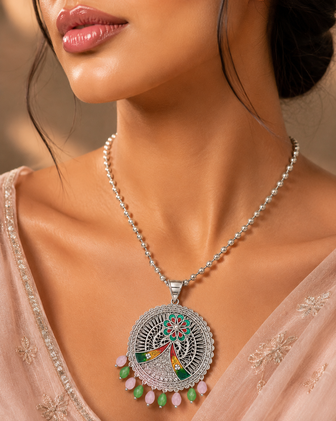 Handcrafted Silver-Tone Peacock Floral Pendant Necklace
