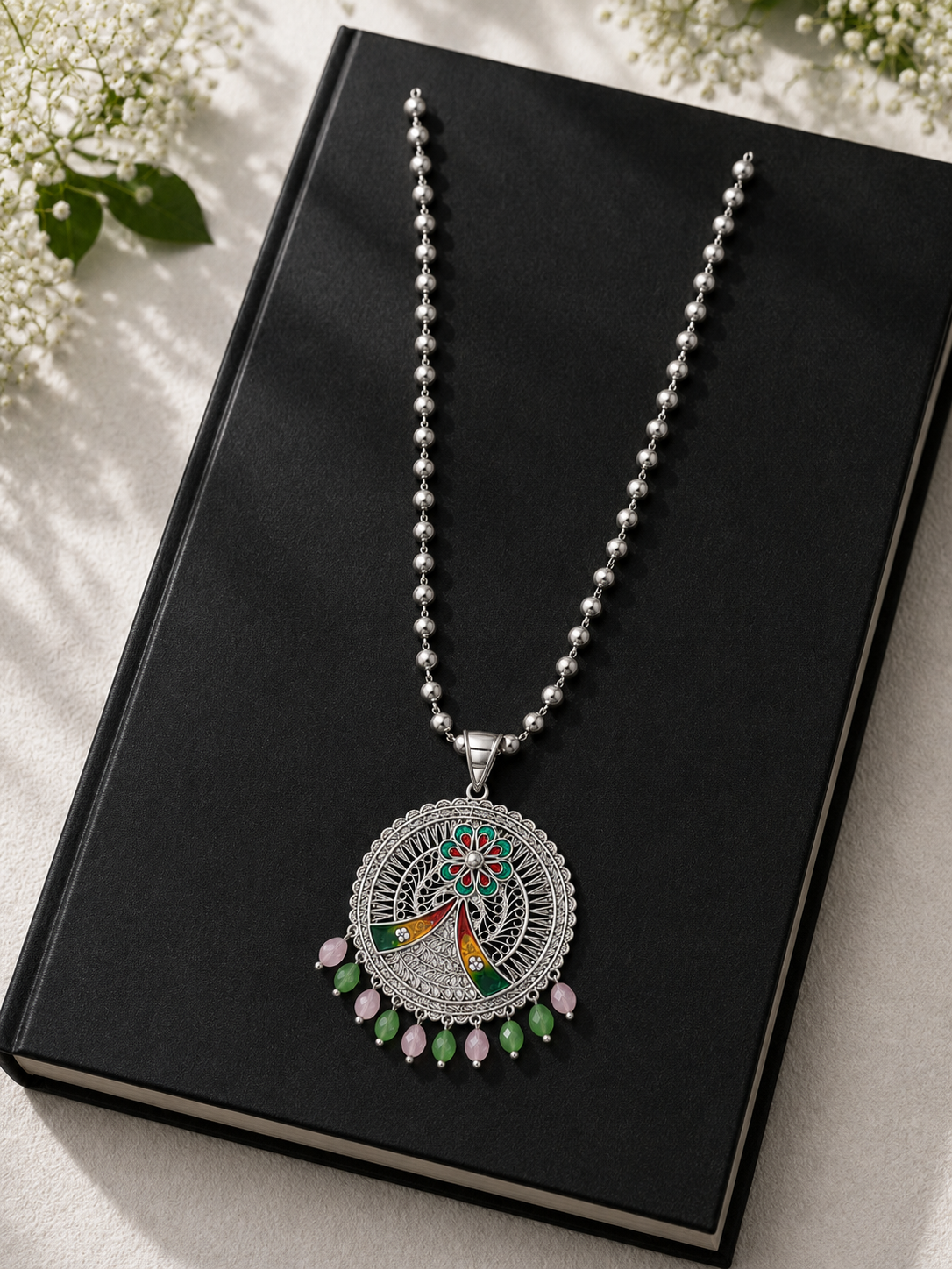 Handcrafted Silver-Tone Peacock Floral Pendant Necklace