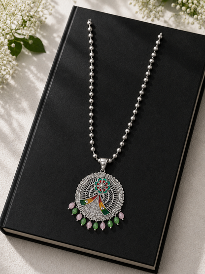 Handcrafted Silver-Tone Peacock Floral Pendant Necklace