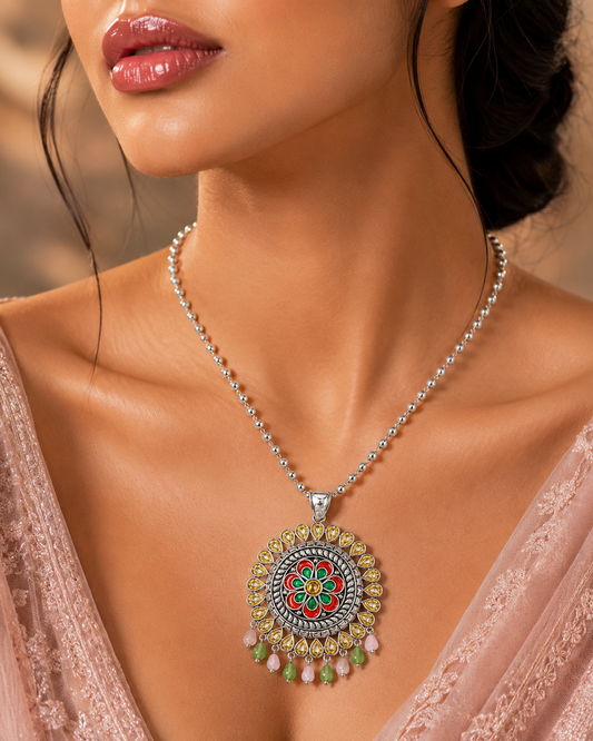 Handcrafted Silver-Tone Floral Enamel Pendant Necklace