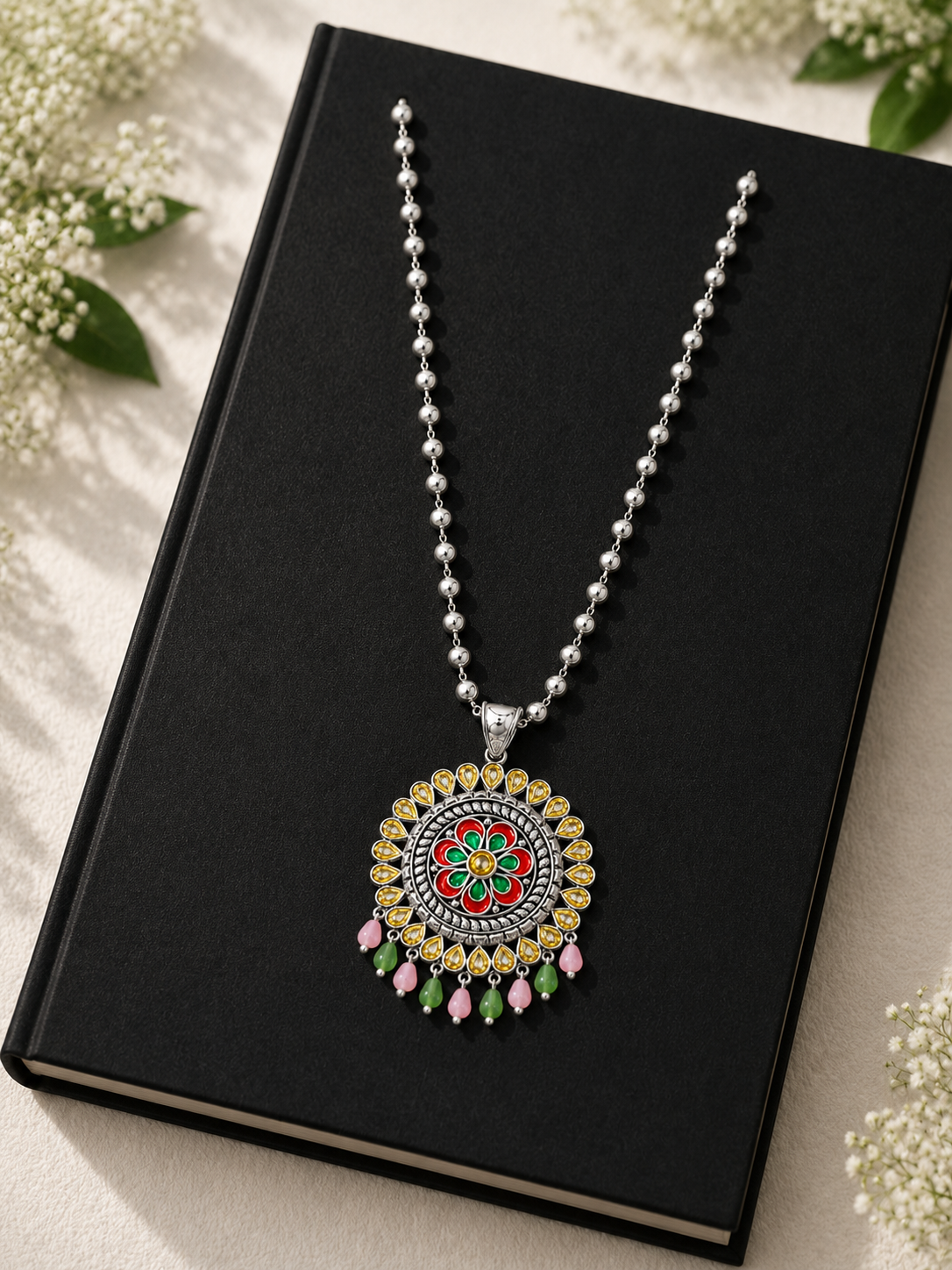 Handcrafted Silver-Tone Floral Enamel Pendant Necklace