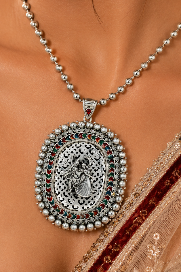 925 Sterling Silver Oxidised Radha Krishna Pendant Necklace