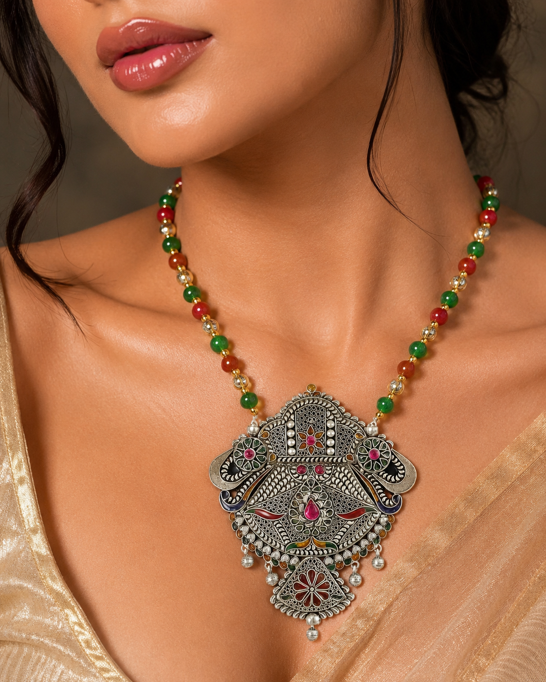 925 Sterling Silver Oxidised Meenakari Statement Necklace