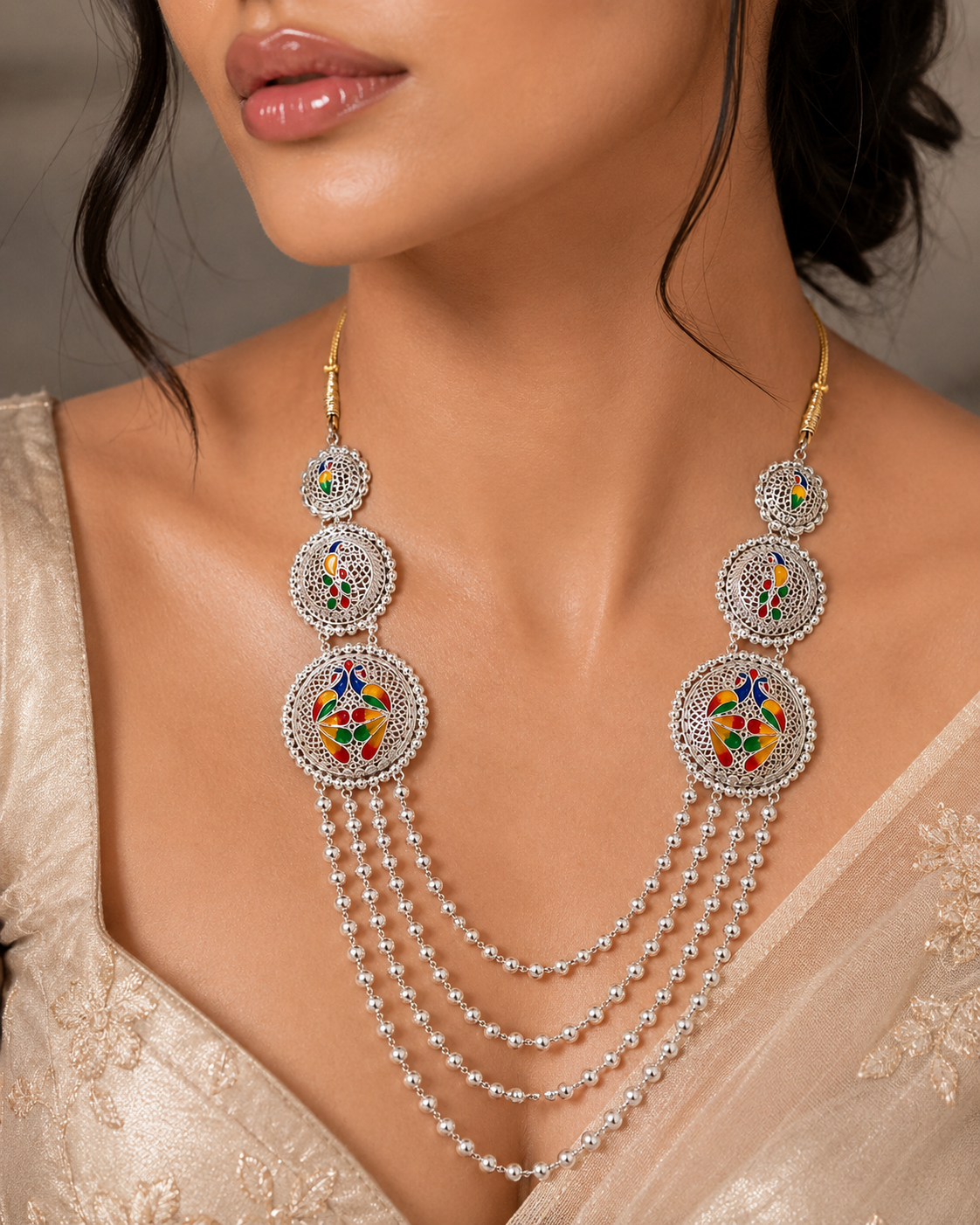 925 Sterling Silver Meenakari Multi-Layer Matar Mala Necklace