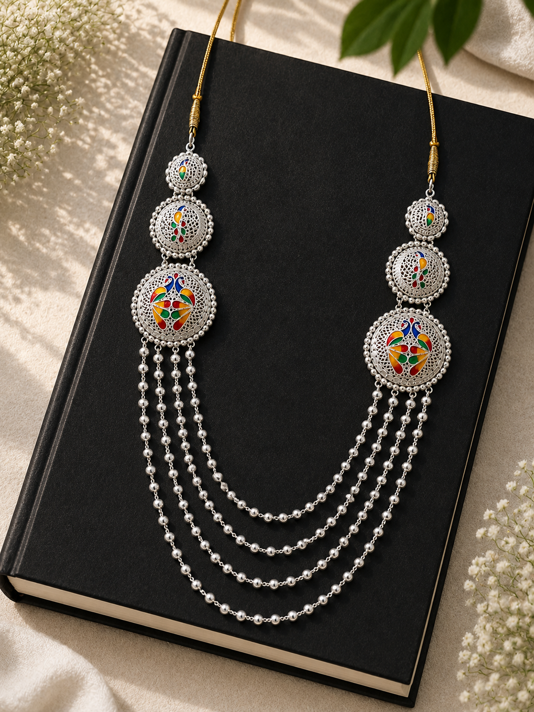 925 Sterling Silver Meenakari Multi-Layer Matar Mala Necklace