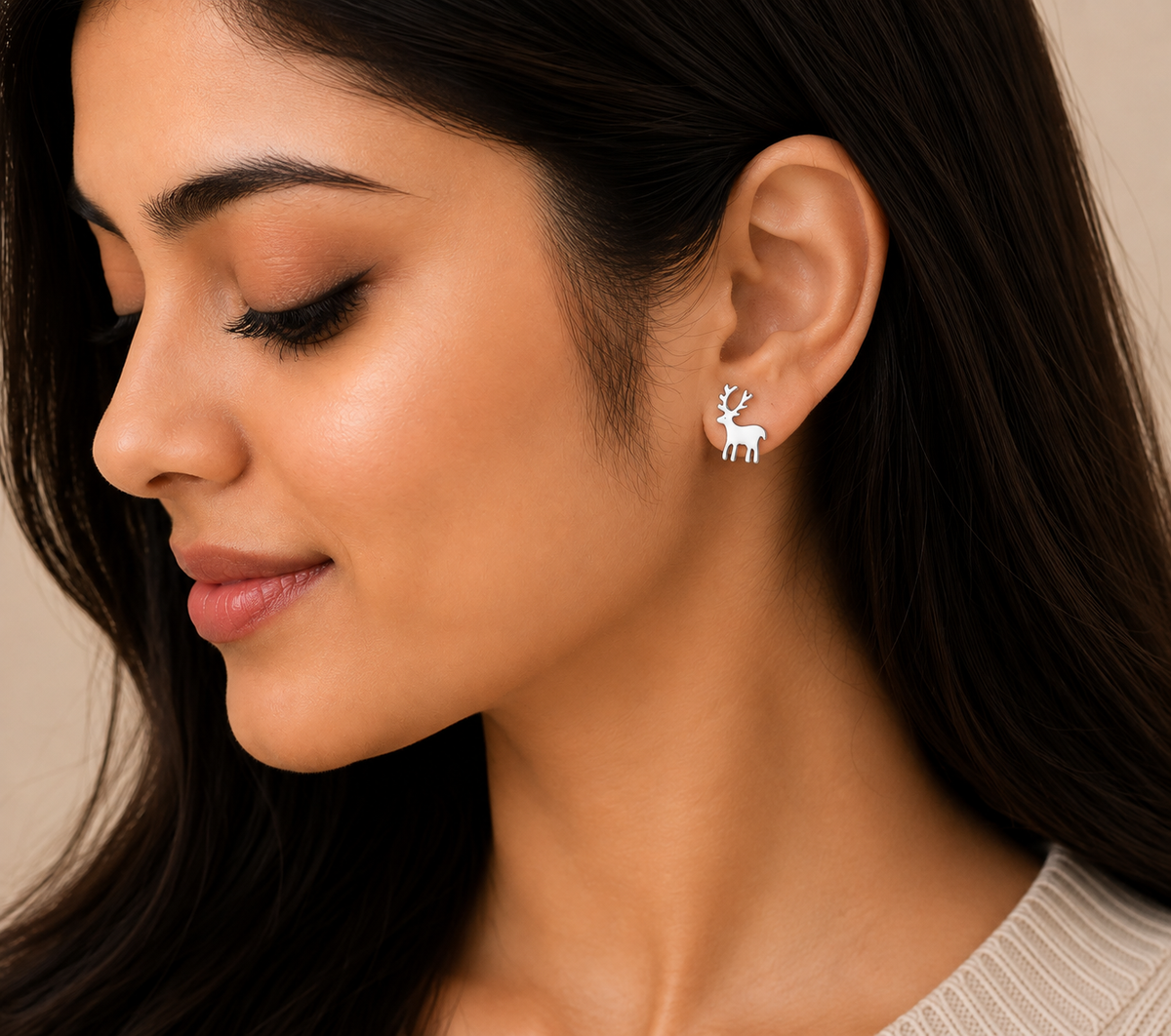 Silver Reindeer & Christmas Tree Stud Earrings – Festive Minimalist Pair