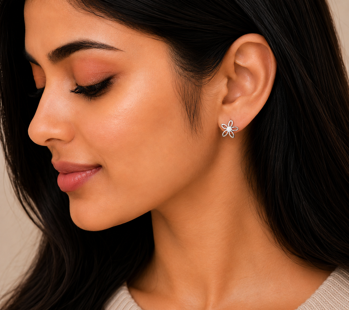 Elegant Five-Petal Flower Silver Stud Earrings