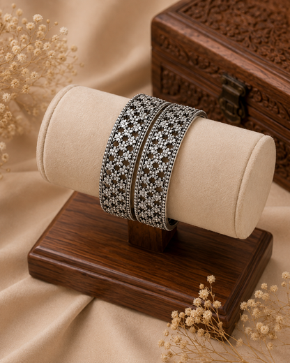 Silver Floral Lattice Oxidised Bangle Set