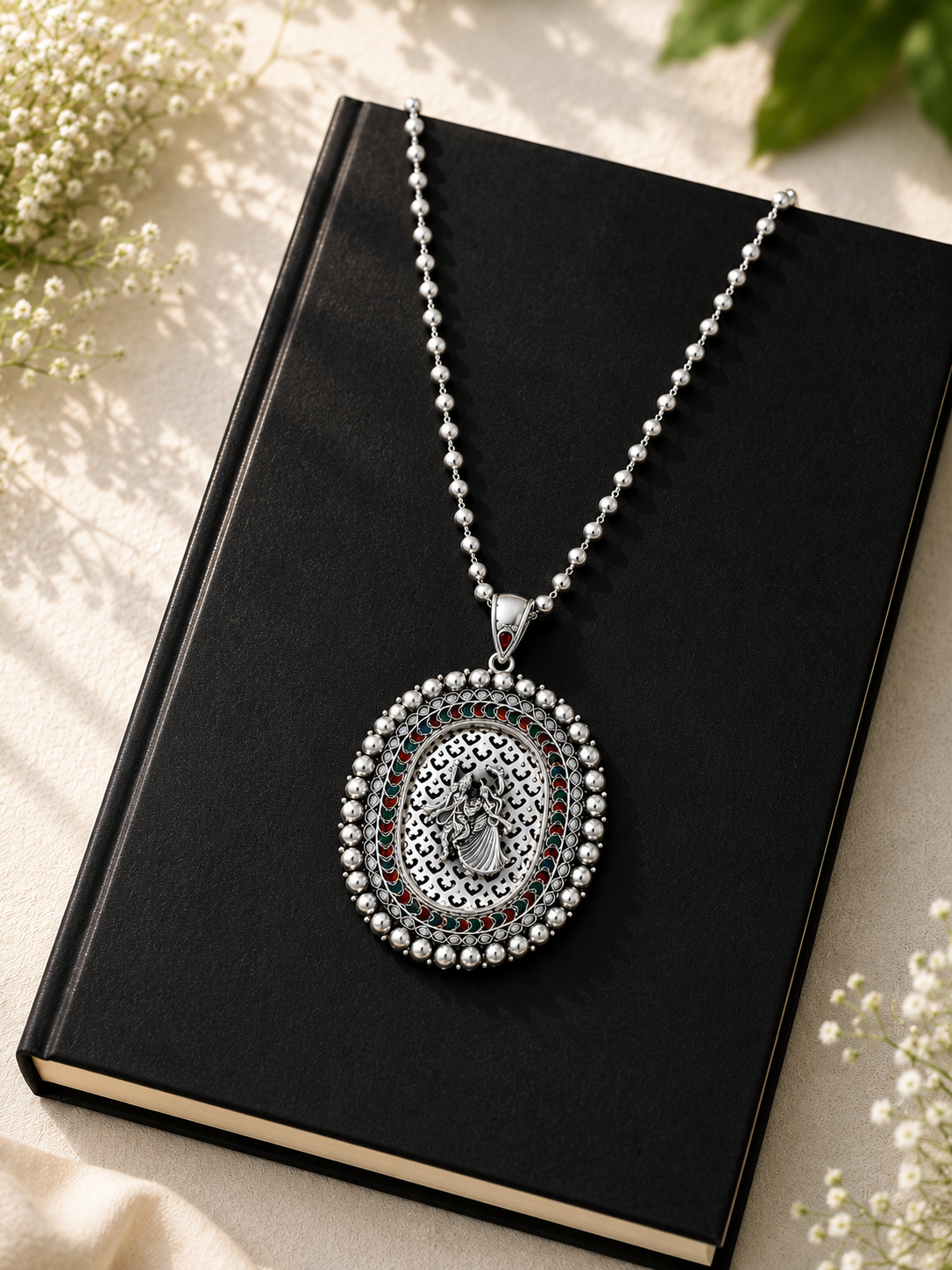 925 Sterling Silver Oxidised Radha Krishna Pendant Necklace